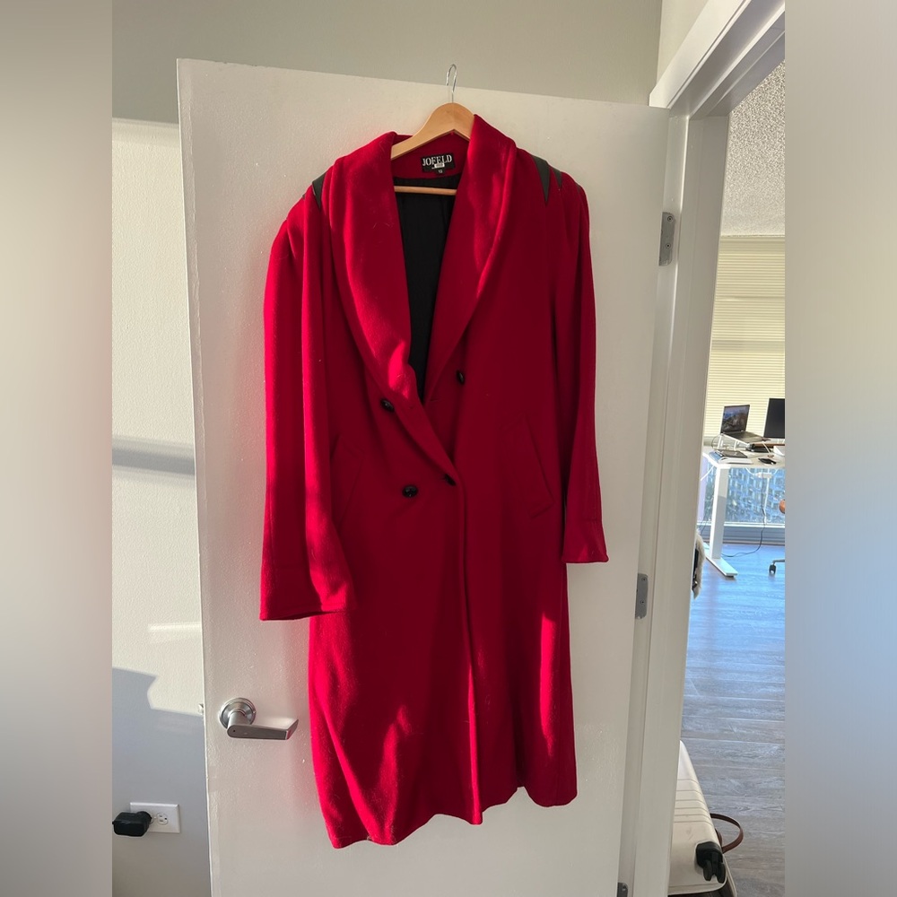 Jofeld Vintage red coat with leather trim